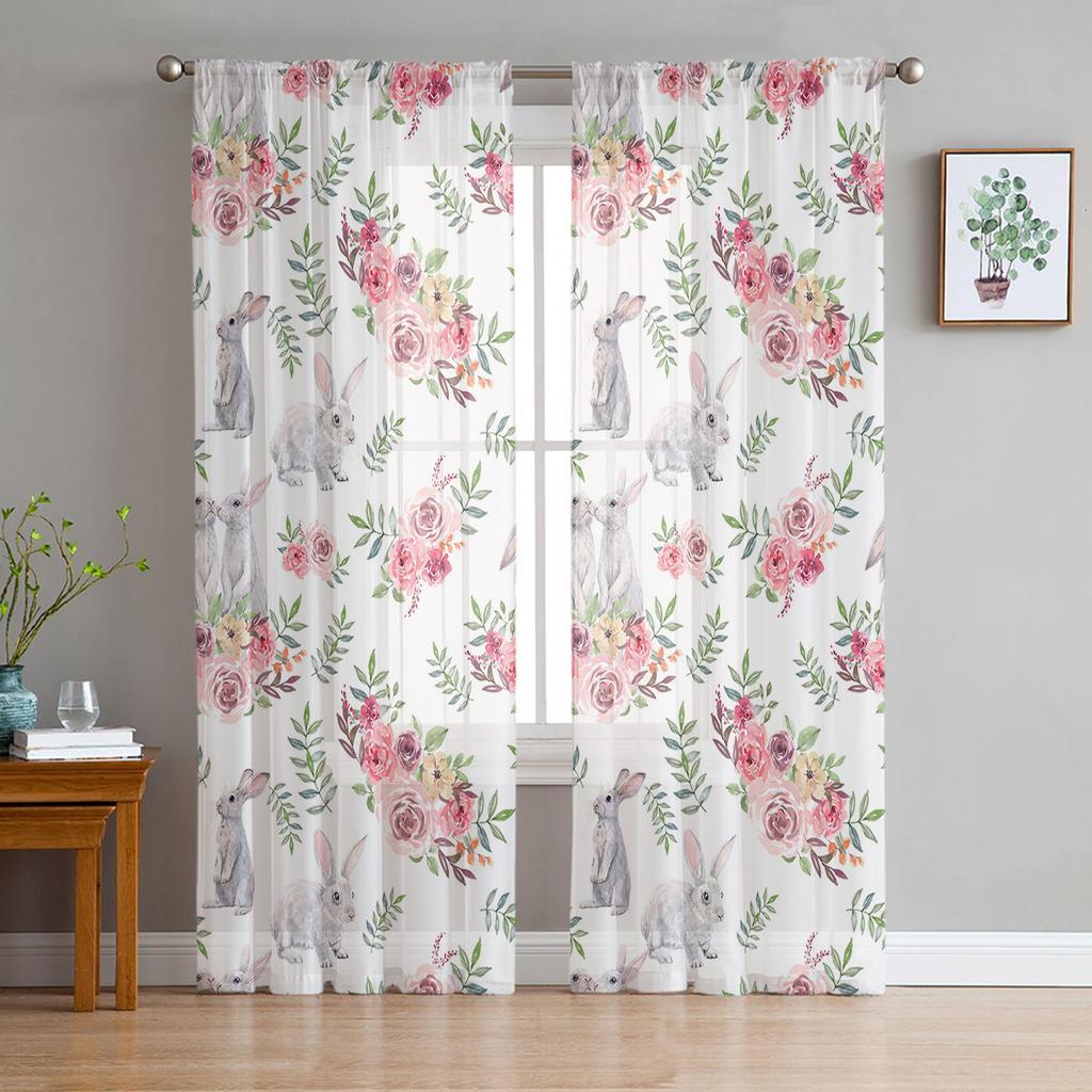 Easter Spring Colored Egg Bunny Sheer Tulle Window Curtains For Living Room Bedroom Kitchen Veiling Curtain Home Decoration