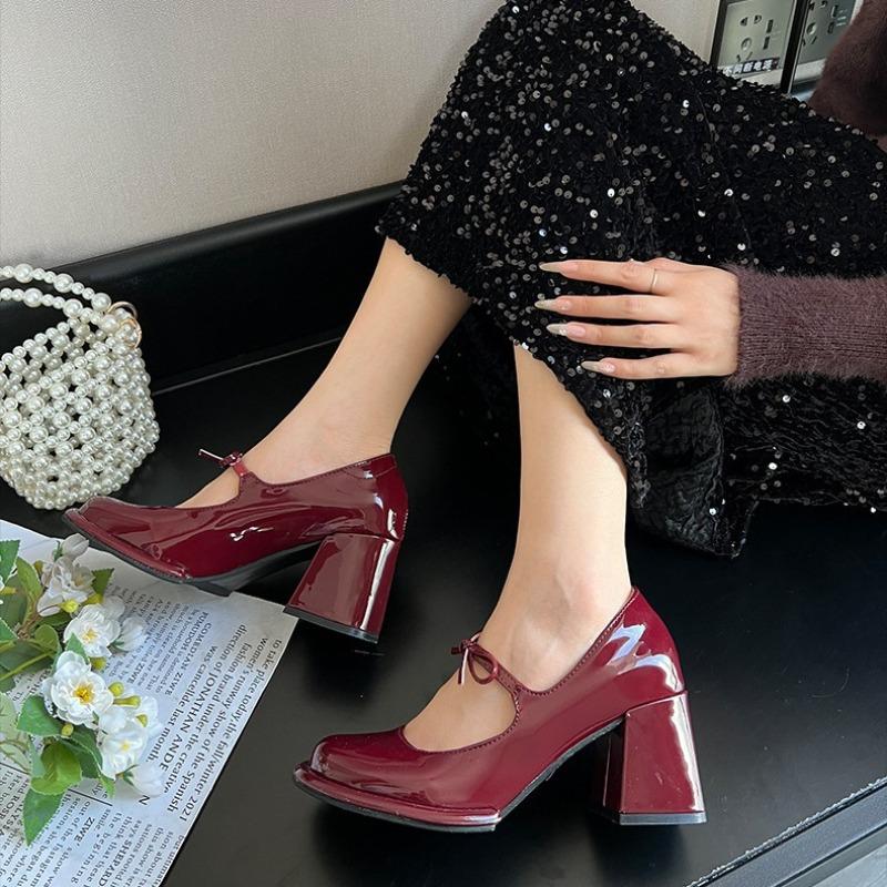 Patent Leather Shallow Soft Sole Bow Dress Shoes for Women High Heeled Mary Jane Single Shoes Ladies Ballet Shoes Lolita Pumps