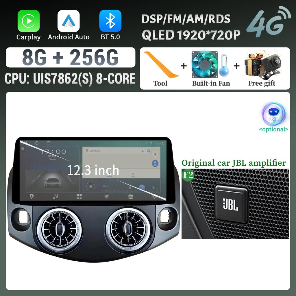 Car Radio Multimedia 12.3inch GPS For Toyota RAV4 2007-2011 Navigation Wireless  BT CarPlay Android 14 Stereo Touch Screen