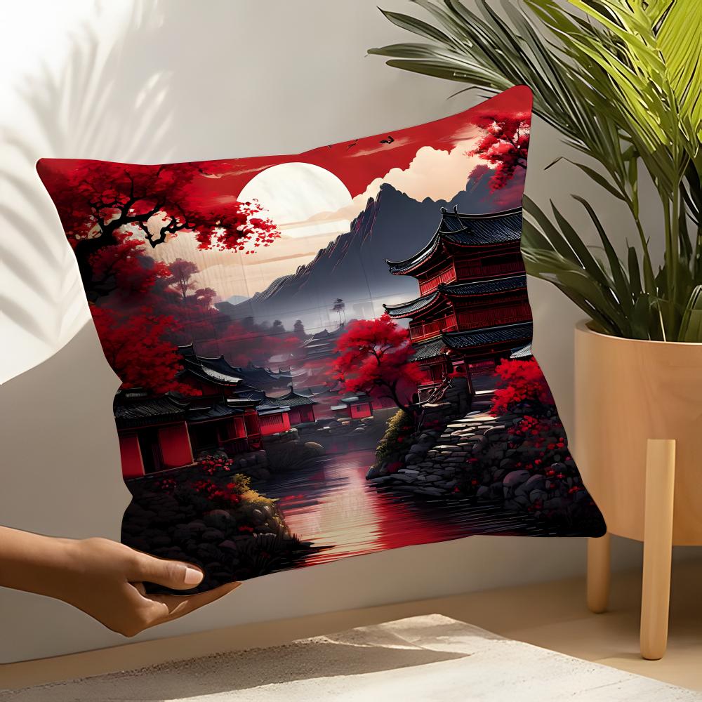 Retro Japanese Pagoda Landscape 2 Pillow Case Linen Cushion Covers For Decorative Sofa Home Pillows Case Car Chair Pillows Cases