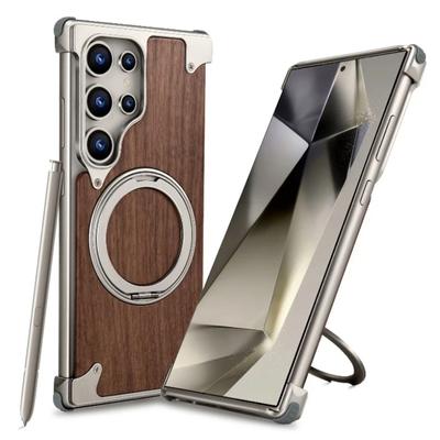 360° Rotating Bracket Magnetic Magsafe Case for Samsung Galaxy S24 Ultra Car Phone Holder Walnut Wood Metal Protective Cover