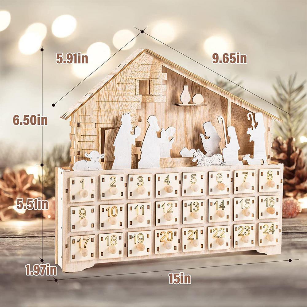 Wooden Nativity Scene Advent Calendar 24 Day Countdown with LED Light Drawer Box Christmas Craft Decor for Tabletop Home Holiday other