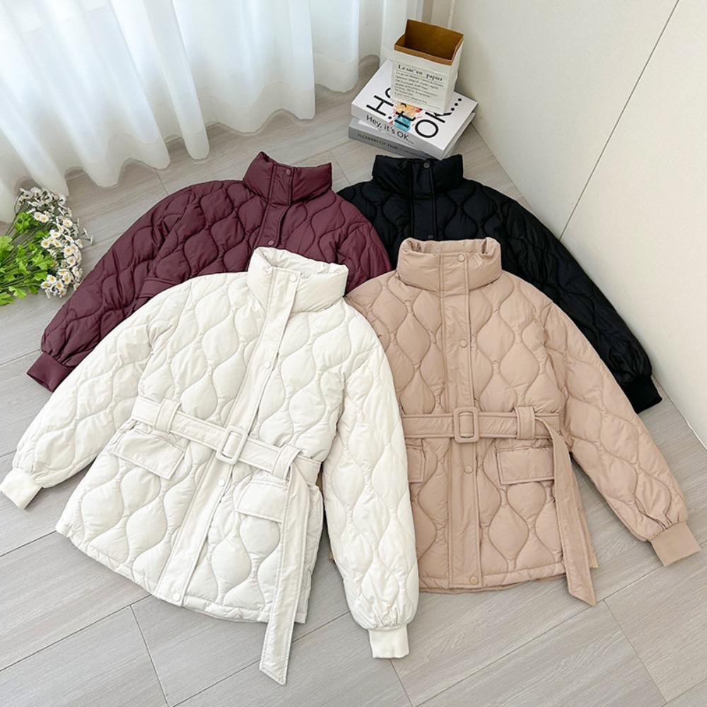 Women's Stand Collar Long Sleeve Raglan Sleeve Coat Loose Fit Casual Puffer Jacket with Belted Waist for Autumn Wear