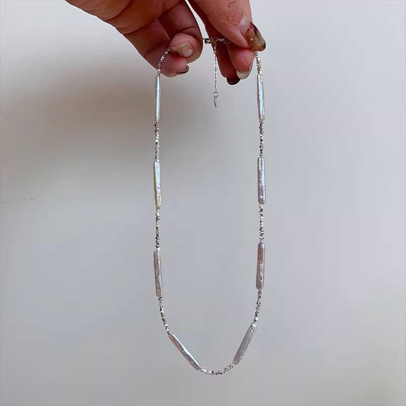 

Короткое серебряное колье с неровным пресноводным жемчугом - Молочно-серебряная цепочка для ключиц Necklace