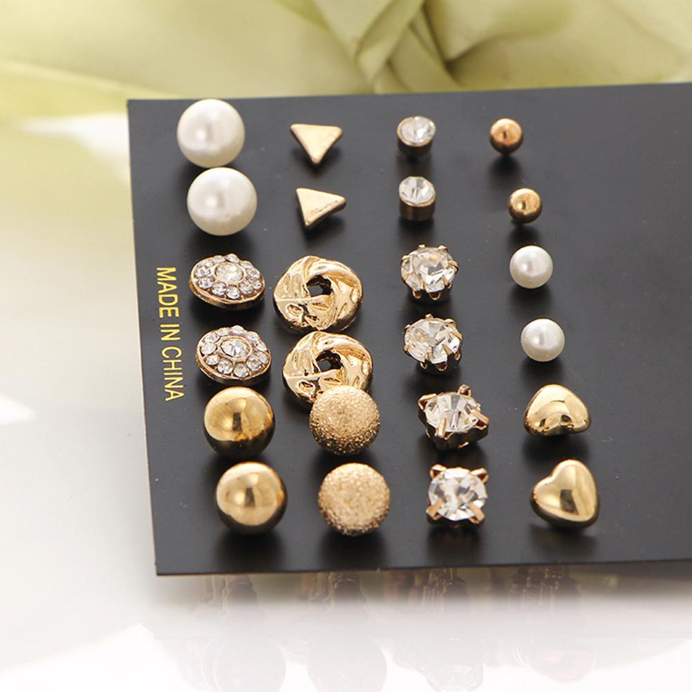 12 Pairs Women Round Crystal Love Shape Ear Stud Earrings Set