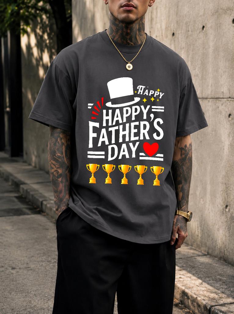 2026 New Pure Cotton Tshirt Happy Fathers Day Hat Trophy Slogan Print Round Neck Short Sleeve Casual Top