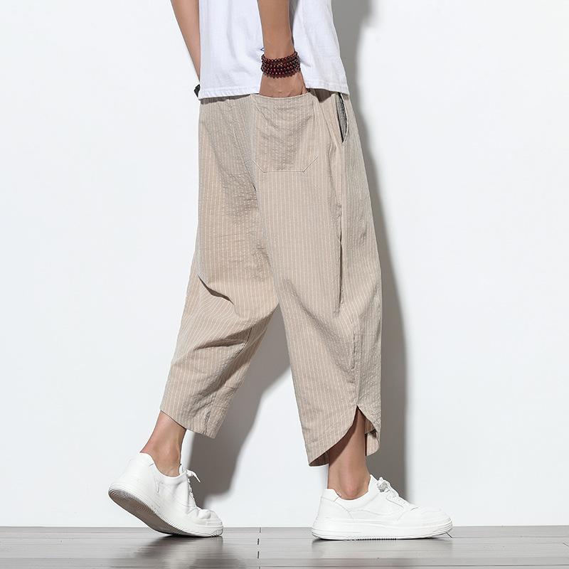 Summer Casual Men's Pants Harajuku Striped Baggy Pants Cotton Linen Wide Leg Harem Trousers for Men
