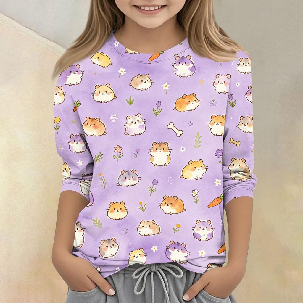 Kids Animal Print Crew Neck 3/4 Sleeve Casual T Shirt Soft Fabric Comfortable Fit Lightweight Design Suitable for Everyday Wear