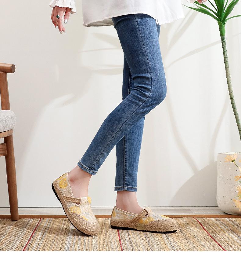 Damskie etniczne lniane buty codzienne - lekkie, antypoślizgowe, oddychające, z miękką podeszwą na wiosnę i jesień