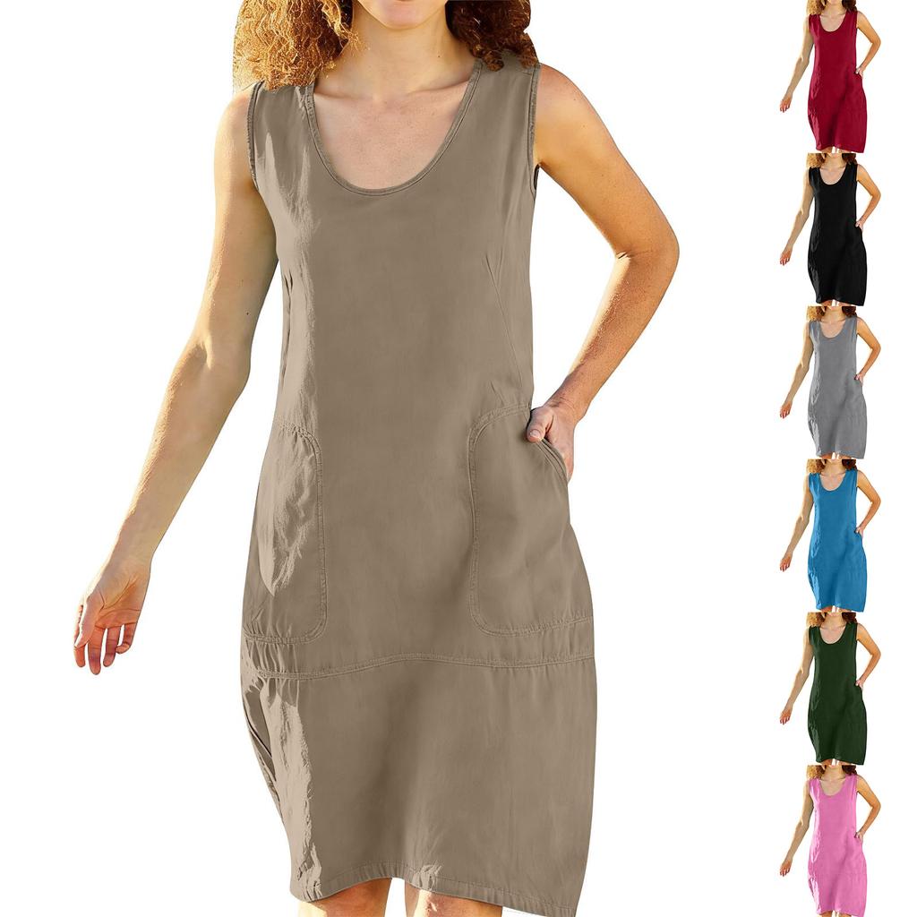 Womens Fashionable Loose-Fit Sleeveless Cotton-Linen -Color Dress With Pockets