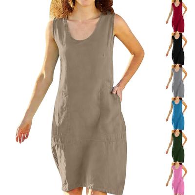 Womens Fashionable Loose-Fit Sleeveless Cotton-Linen -Color Dress With Pockets
