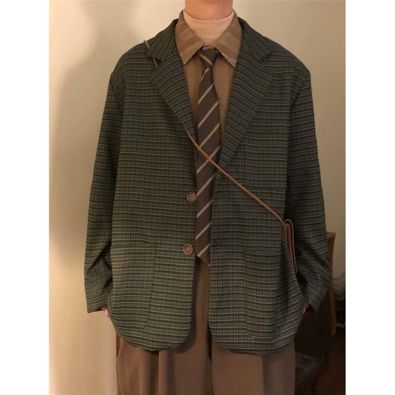 Unisex Japanese Retro Plaid Suit Jacket - Casual Spring/Autumn Vintage Style