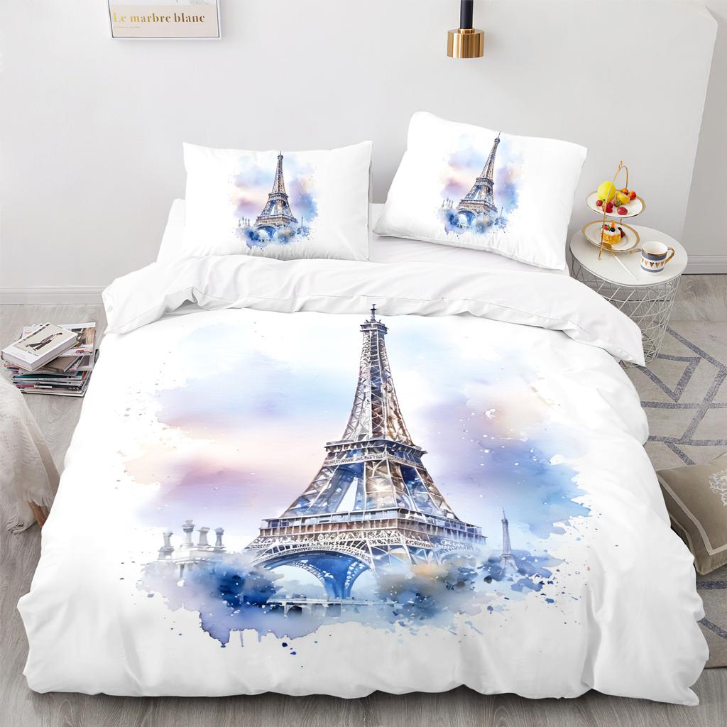 Paris Tower Pattern Duvet Cover, Cartoon City Architecture Bedding Set,Tower Quilt Cover for Kids Adults Bedroom Decoration