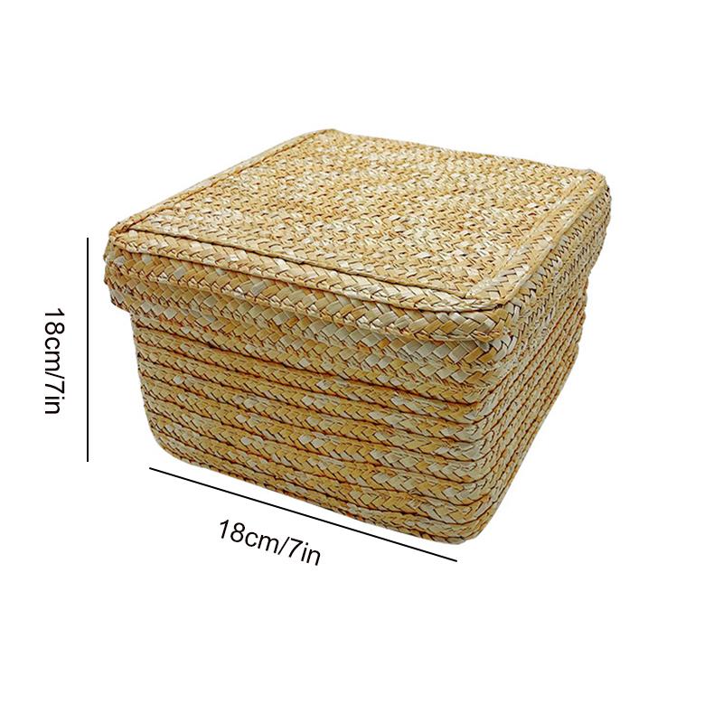 Woven Straw Storage Baskets with Lid Rattan Snack Container Multipurpose Bins Laundry Toys Organizer Household Folding Straw Box