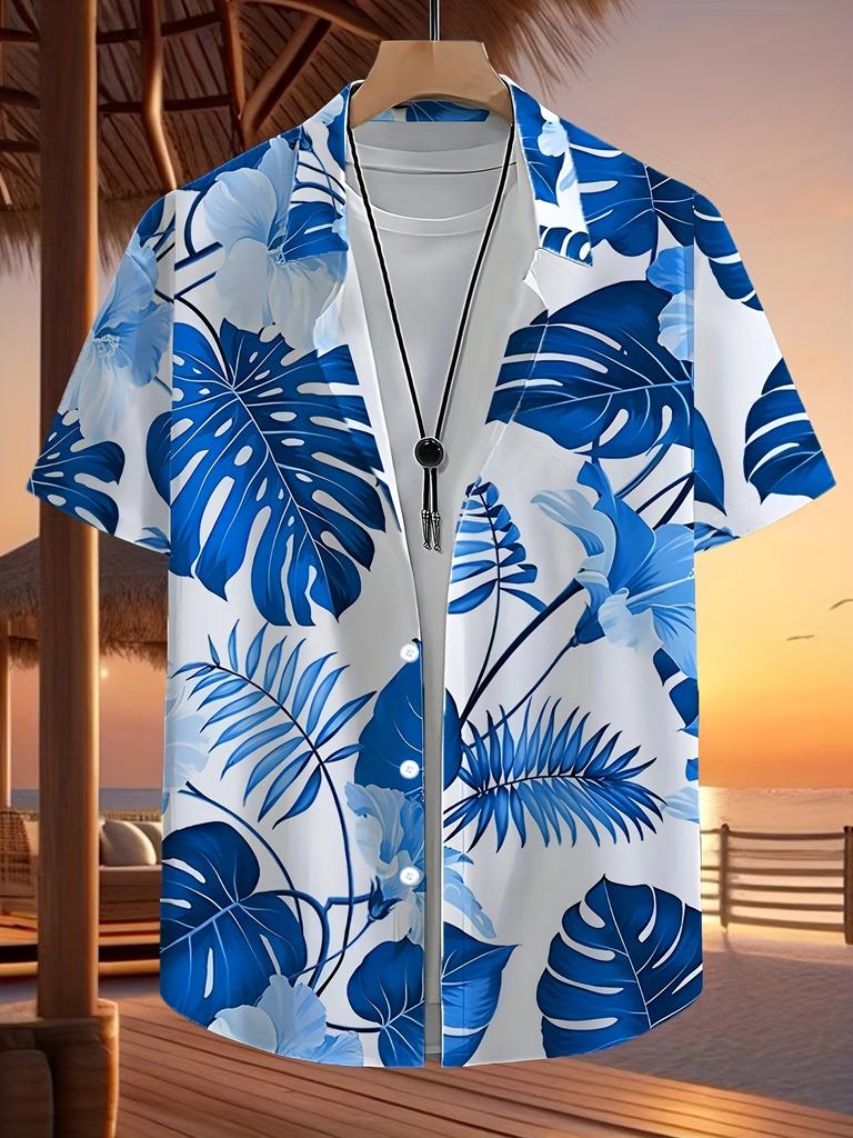 Herren Tropenmuster Kurzarm Hemd mit Knöpfen - Lockerer Schnitt Kragen Sommer Strandhemd mit Ganzkörper Palmenblatt & Hibiskus Mustern, Leicht Casual