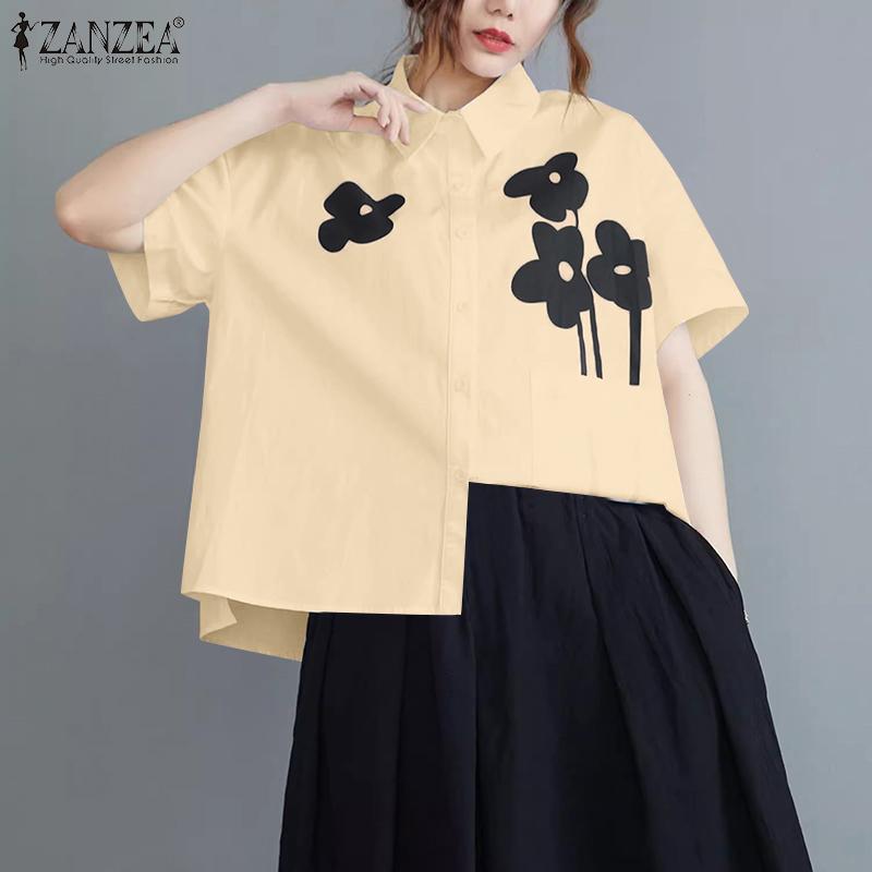 ZANZEA Women Turn Down Collar Floral Print Loose Short Sleeve Blouse