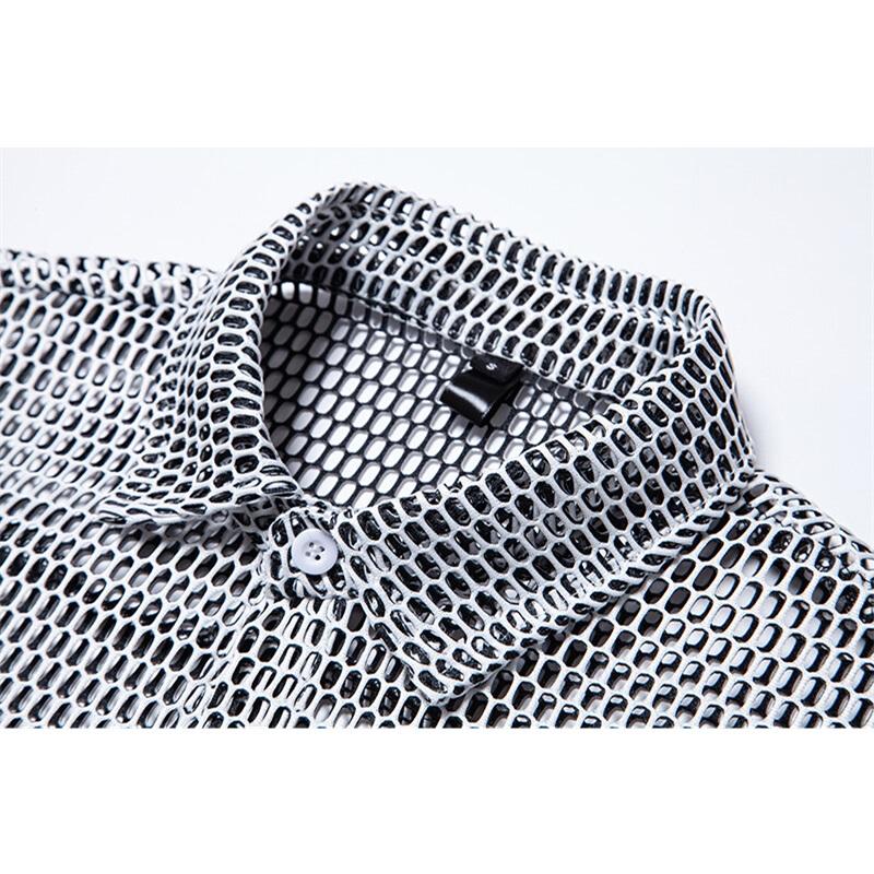 New Fashion Hollowed Out Design Men's Long Sleeve Shirt Personality Performance Shirts Male Nightclub Dance Perspective Shirt