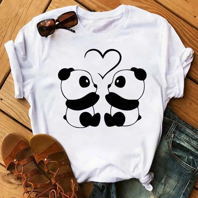 Cute Panda With Sunglasses Graphic Women T-Shirt Minimalist Black Line Animal Print Short Sleeve Casual Streetwear Tee
