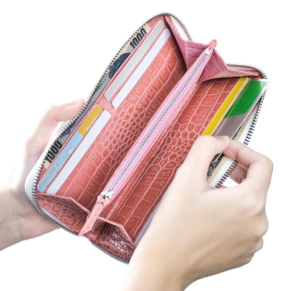 Nallyda Crocodile-Embossed Leather Long Wallet (White with Pink Interior)