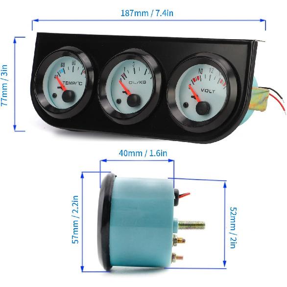 

Triple Gauge Set for Cars Trucks and Boats Universal 52mm Temperature Oil Pressure and Voltmeter Cluster Compatible with 12V 4 6 8 Cylinder Engines
