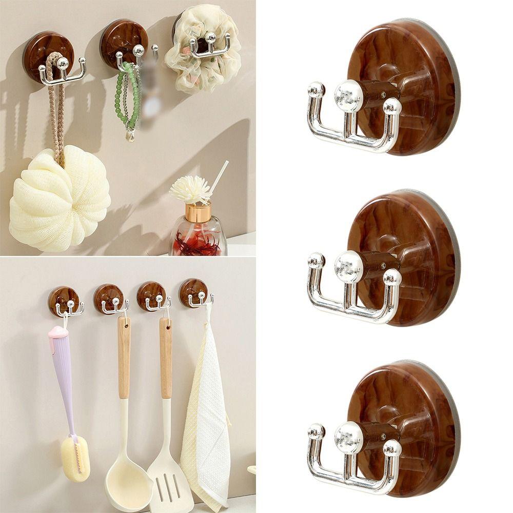 2pcs Durable Wood Grain Suction Cup Hook No Drill Reusable Double Hooks Space Saving Organizer Clothes Hook Household