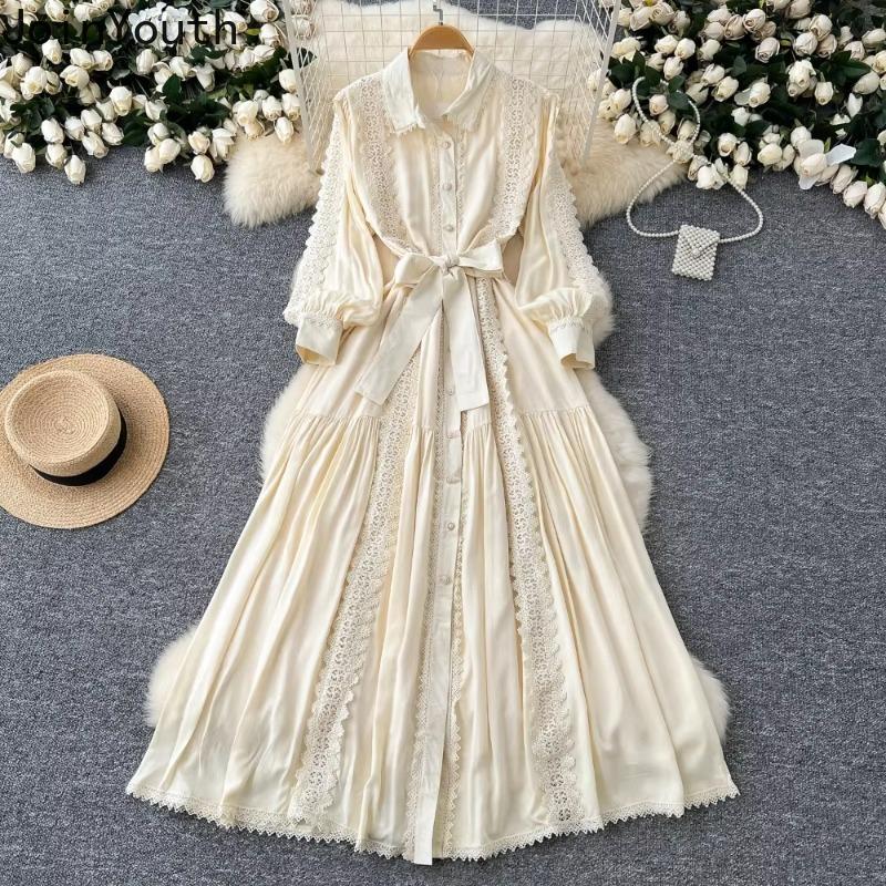 Bata Vintage para Mujer Cuello Vuelto Manga Linterna Vestido Encaje Vendaje Lazo Ajustado Gran Vuelo Vestidos Maxi Elegante Vestido Mujer