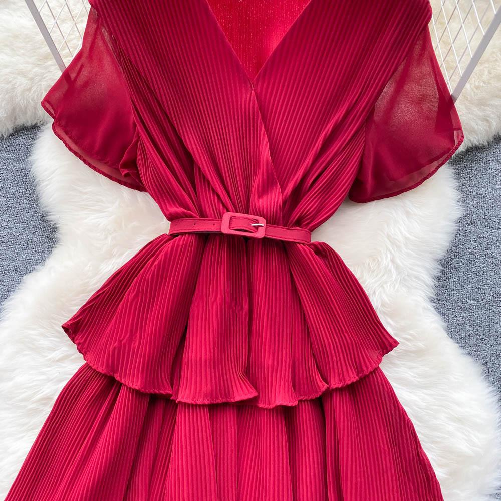 Sommer Kvinner Feriebelte Løs Lang Kjole Elegant Kortermet Ruffles Strand Maxi Kjoler