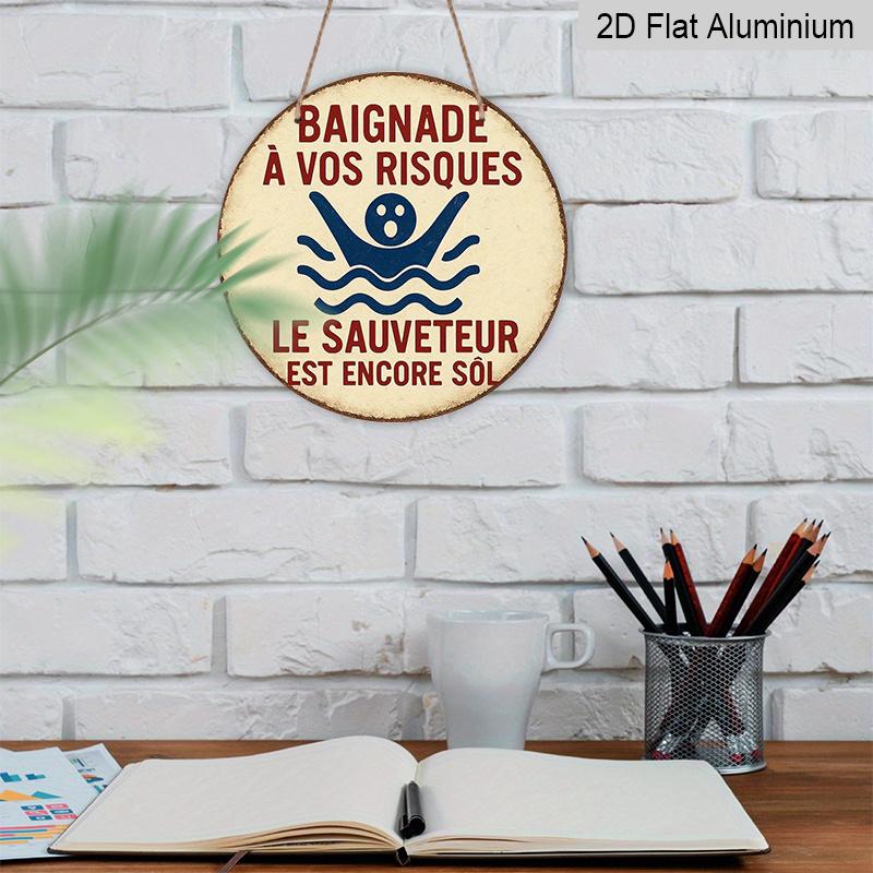 2D Flat, 1pc Round French Aluminum Sign - "Swimming Safety" Retro Decorative Plaque with "Baignade a Vos Risques" Text, & Design for Bathroom, Pool