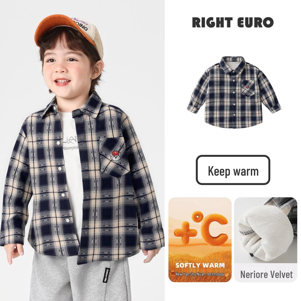 European Boys' Fleece-Lined Plaid Shirt - Autumn/Winter 2025 Kids' Thickened Top