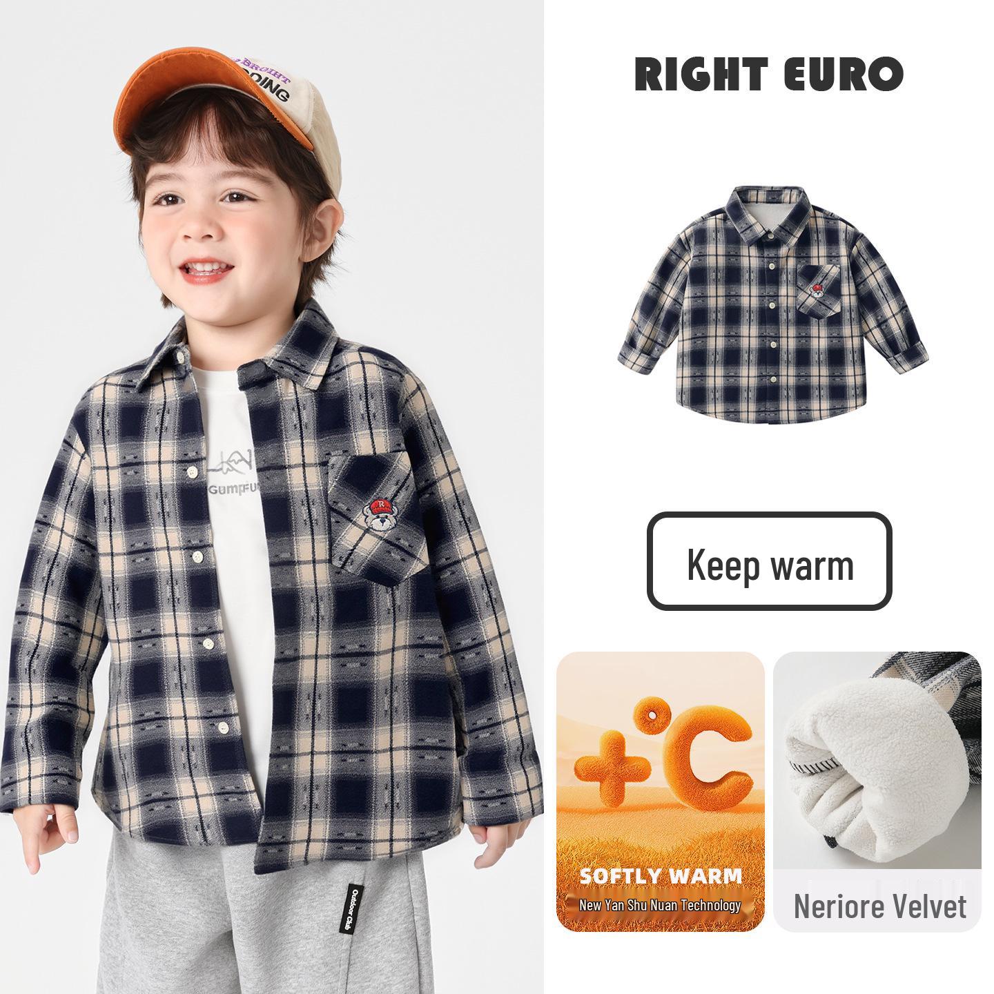 European Boys  Fleece-Lined Plaid Shirt - Autumn/Winter 2025 Kids  Thickened Top 100 cm