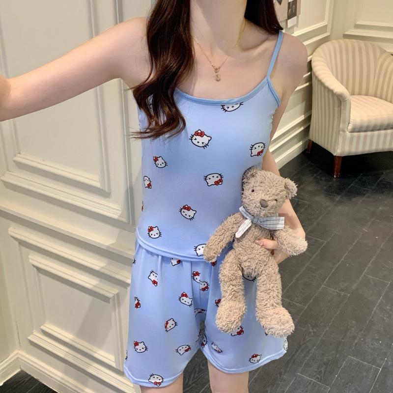 Women's Cartoon Camisole Tank Top Pajamas Set with Chest Pads - Summer Home Wear for Girls with Shorts