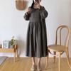Johnature Spring Japanese Linen Ruffles Collar Dress Women Vintage Solid Color Loose Full Sleeve Hollow Out Dresses