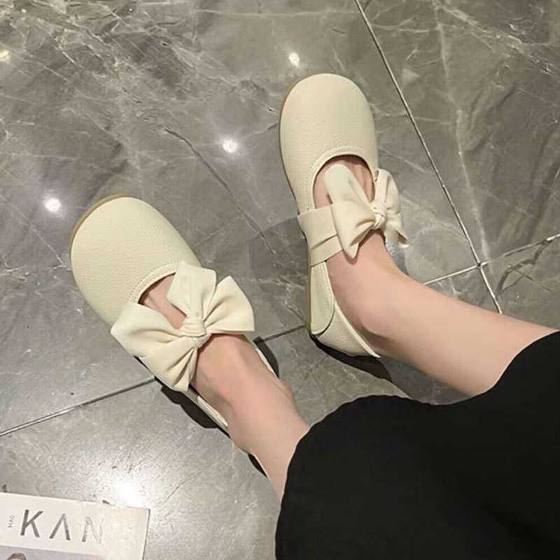 Two Wearing Beanie Shoes Girl 2025 New Spring and Autumn Soft-soled Bow One Pedal Loafers Flat Fairy Single Shoes