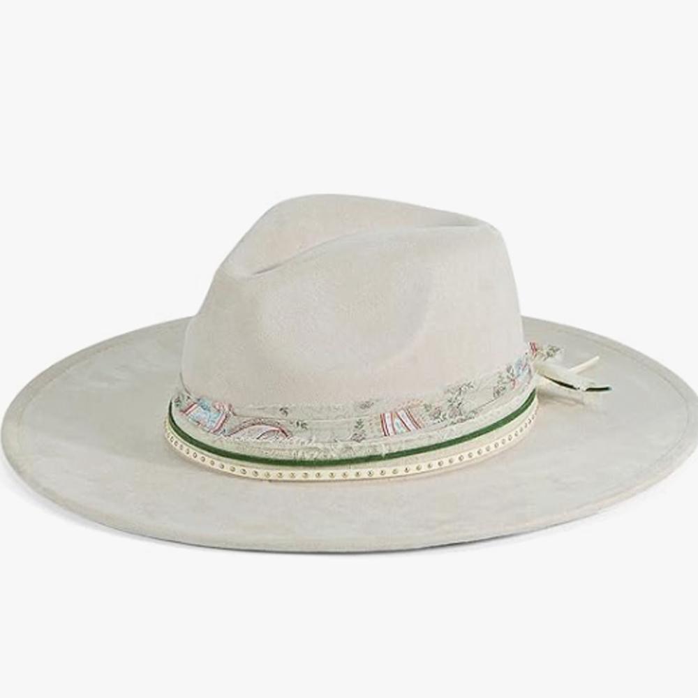 

New western suede hat, distressed patchwork with feather decoration, retro and fashionable wide brim, suitable for outdoor activ M56-58CM