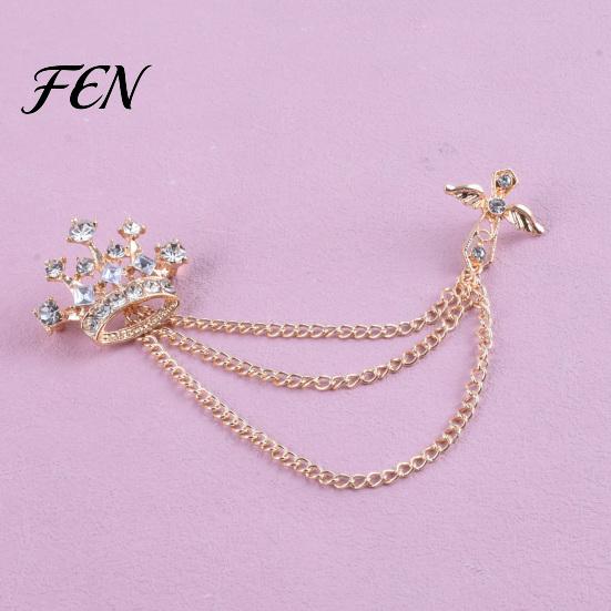Dark Light Zircon Brooch Men's Pin with Chain, British Crown Cross Angel Lapel Pin, Rhinestone Suit Cool Tone Silver Badge Tassel Chain for