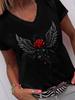 Damen T-Shirts Gothic Rose Flügel Print V-Ausschnitt T-Shirt Perfekt zum Entspannen Ausgehen Y2k Kurzarm T-Shirt Gothic Damen T-Shirt