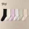 Soft Cotton Crew Socks 5 Pairs Solid Color Set, Moisture Wicking Breathable Warm for Women, Stretch Casual Mid-calf Spring Autum Comfortable Stretchy