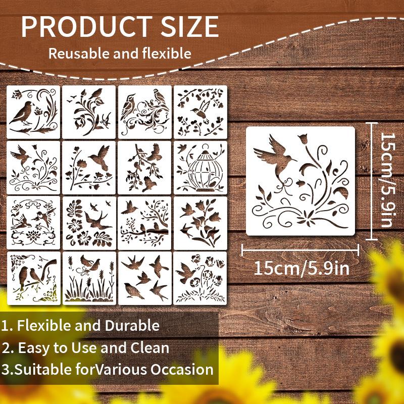 Reusable Templates: 16 Pcs Birds and Flowers Painting Stencils for DIY Art, Home Decoration, Journal & Canvas Projects