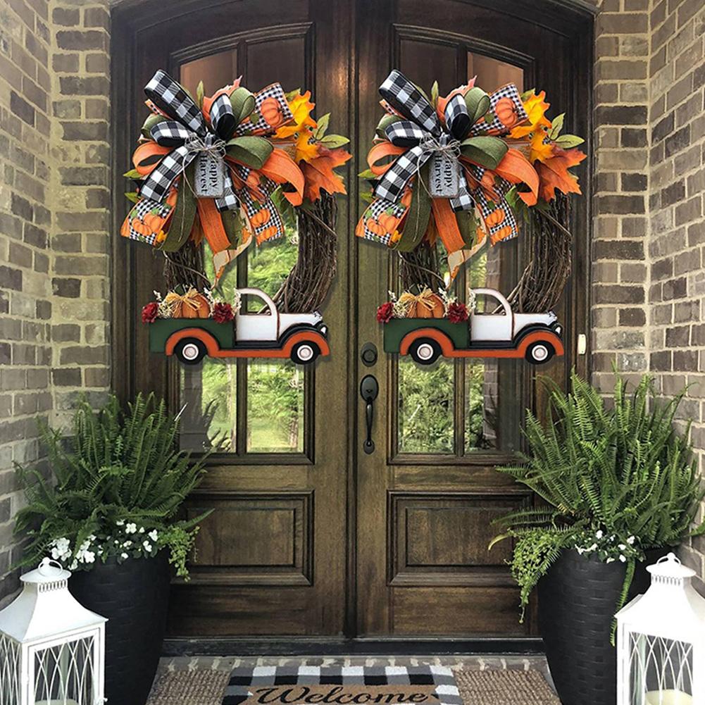 40CM Fall Pumpkin Cart Wreath Pendant Halloween Pumpkin Truck Garland for Front Door Windows Farmhouse Theme Festive Party Decor