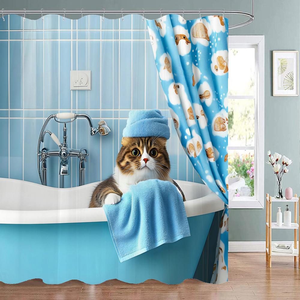 Funny Bathing Cat In Bathtub Shower Curtain, Bathroom Decorative Cartoon Cat Cartoon Shower Curtain Printed Fabric With Hooks
