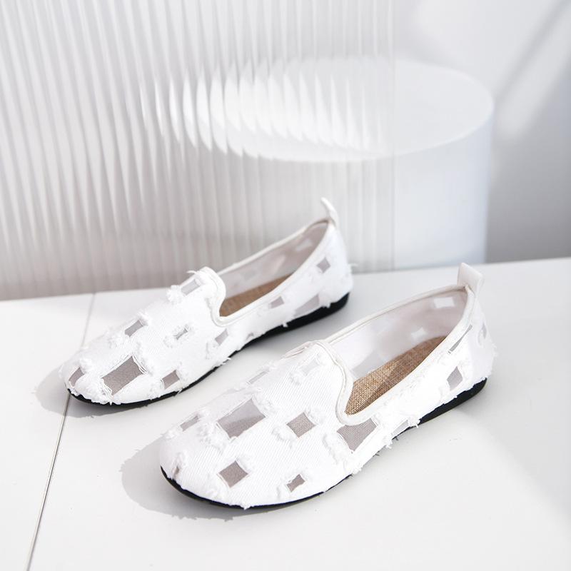 

2025 new cloth shoes women s summer women s shoes flat-soled single shoes Doudou shoes hollow breathable mesh shoes soft-soled Roman sandals 42 білий