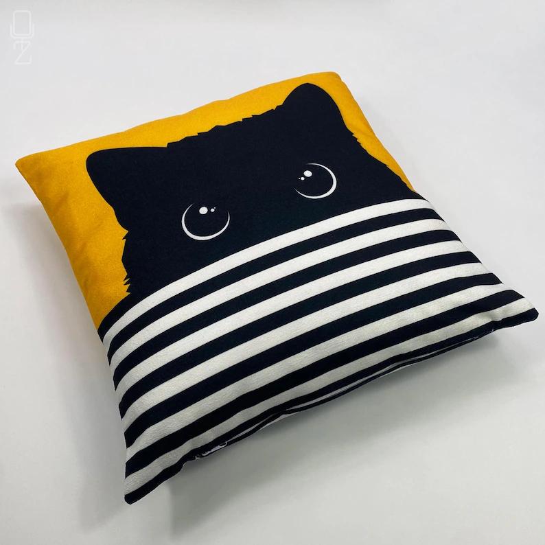 VIKAMA Minimalistische Kat Kussenhoes Zwart Geel Streep Print Esthetische Bank Kussenhoes Woonkamer Auto Schattig Huis Decoratie 60x60cm