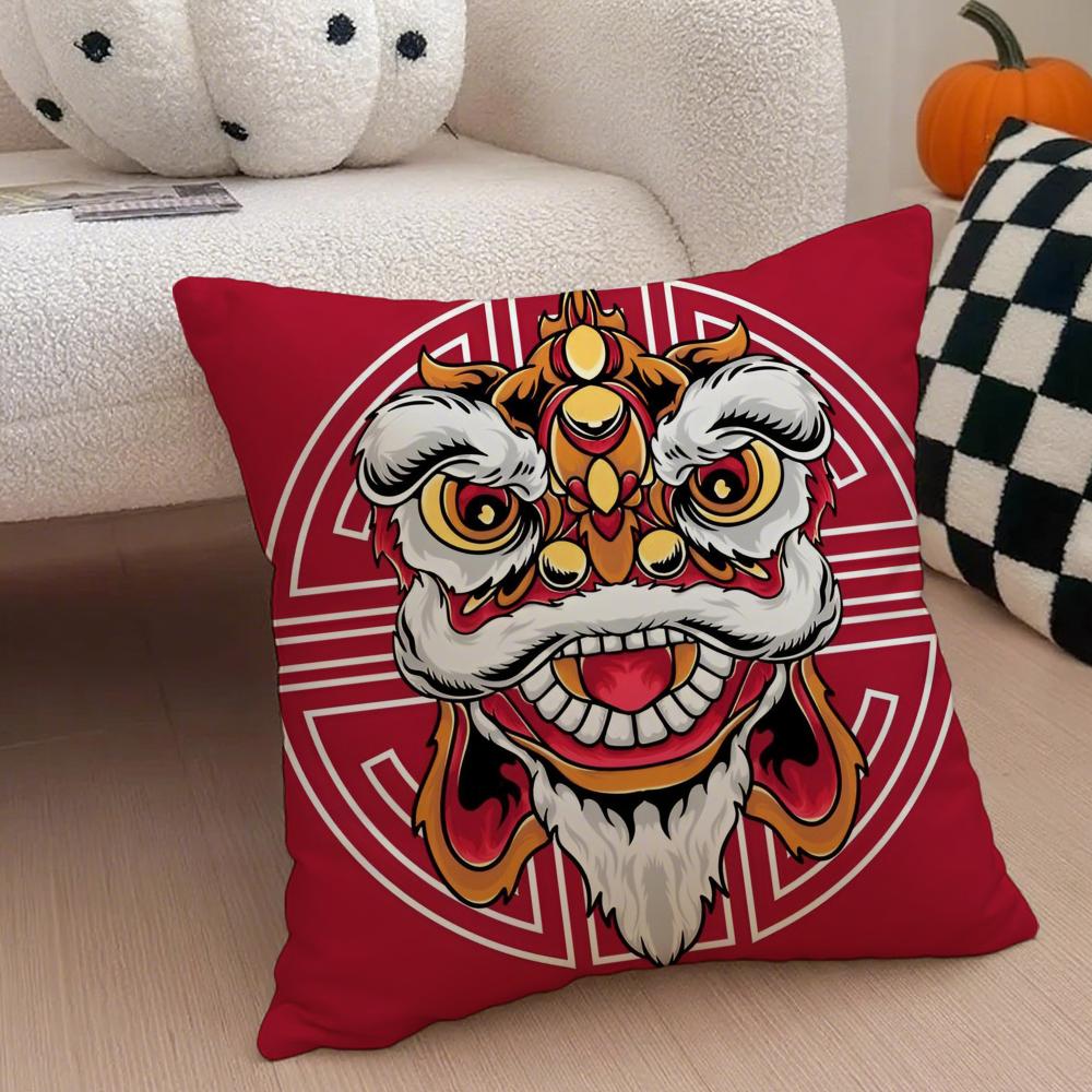 Festive Traditional Dancing Lion Anime Lucky Cushion Cover Linen Pillow Case Soft Breathable Protective Couch Room Decoration