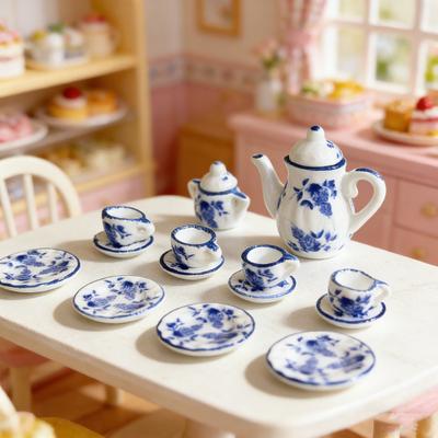 1:12 Miniature Ceramic Tea Set Gold Edge Collection Realistic Mini Teapot Cups And Saucers Micro Scene Decor for DIY Projects Collectors Kids