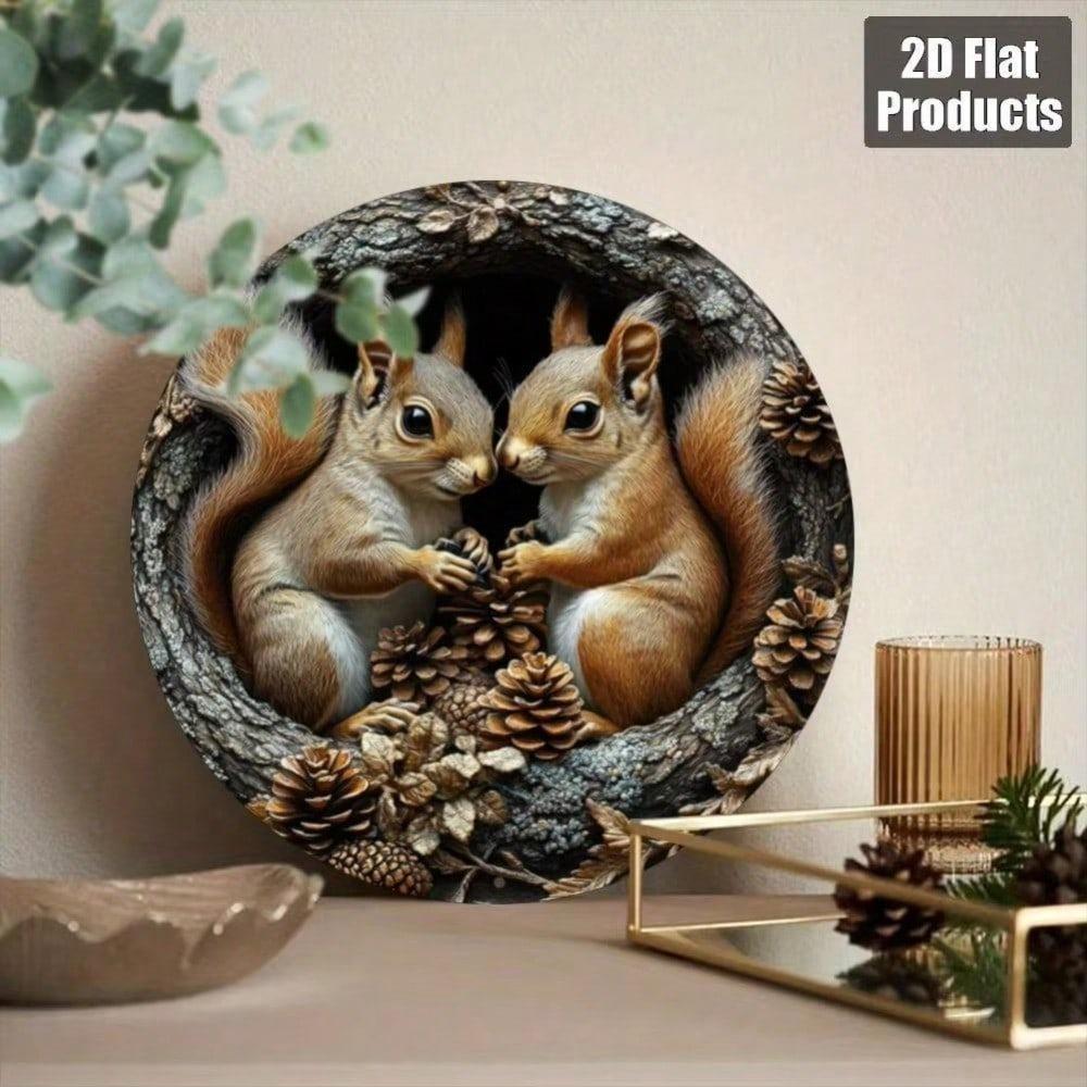 2D Flat Squirrel Aluminum Wall Art Sign, 8x8 Inch Round Rustic Autumn Decor with Pine Cones and Leaves