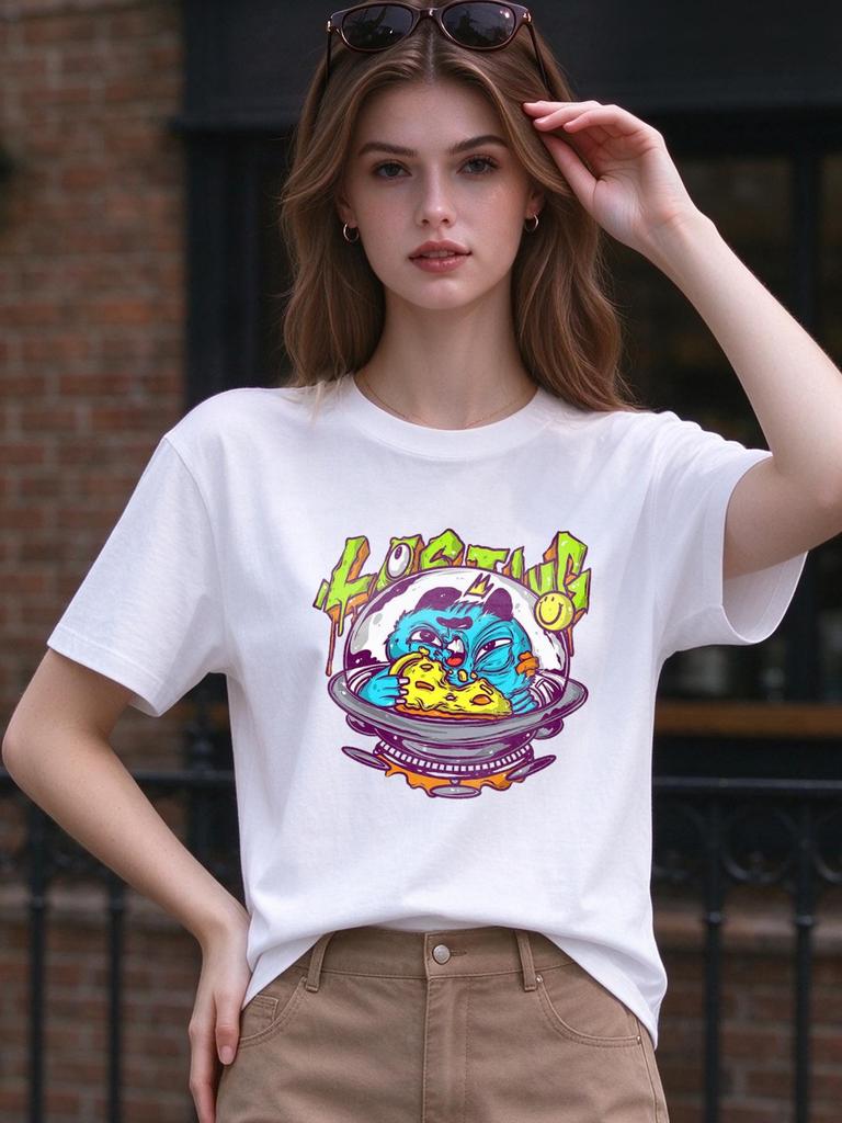 Unisex T Shirt Graffiti Alien Print Casual Loose Summer Fashion Streetwear Top