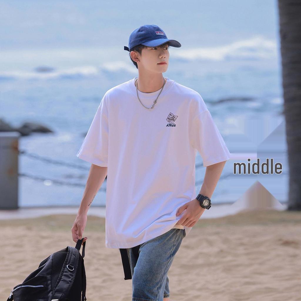 Męska luźna koszulka z krótkim rękawem, ciężka, wykonana z czystej bawełny