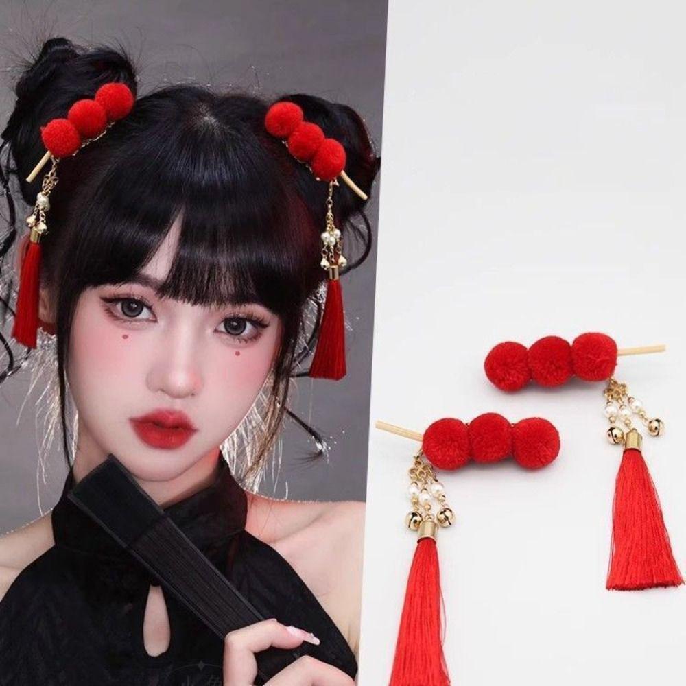 Red Hanfu Hair Clip Fuzzy Ball Chinese New Year Side Clip Exquisite Girl Headdress  Women