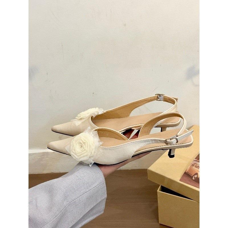Fairy green rose! Gentle satin rose bag head empty sandals women's spring 2025 stiletto shoes