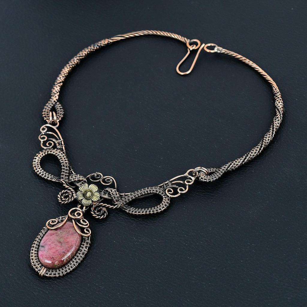 Rhodonite Necklace Gemstone Jewelry, 999 Copper Wire Wrapped Necklace, Adjustable Handmade Chain Necklace Gift For Wife Jewelry